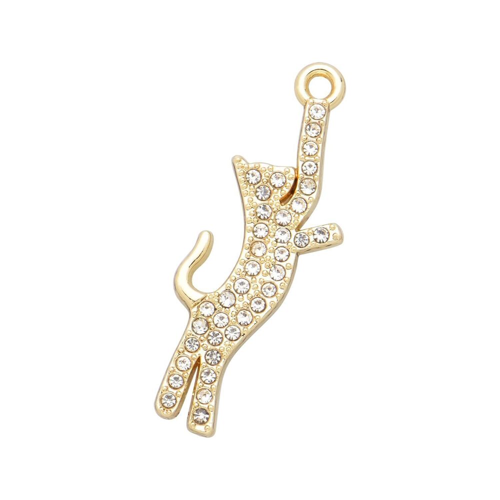 9933 Pack of 20 Jumping Cat Rhinestone Charms Gold Plated Pendants Pave